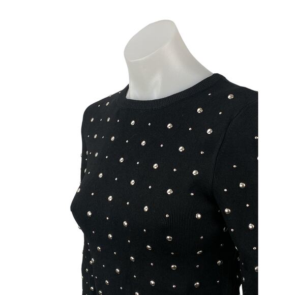 Zara Women's Black Ribbed Studded Crew Neck Long Sleeve Slim Crop Sweater Top S - Picture 2 of 6